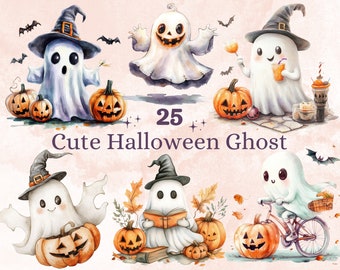 25 PNG Watercolor Cute Halloween Ghost Clipart, Kawaii Pumpkin Illustrations Clip art, Cute Funny Ghost Png, Spooky Season Sublimation