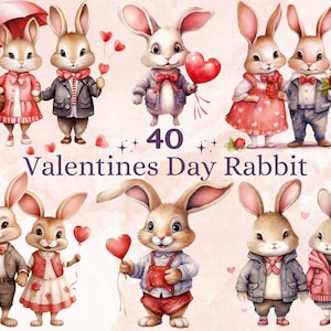 40 PNG Aquarell Valentinstag Hasen Clipart, Valentinstag Kaninchen Paar Illustrationen Clip art, süße Liebe Tiere Png Sublimation