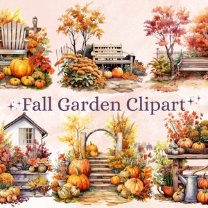 22 PNG Aquarell Herbst Garten Clipart, rustikale Kürbis Blumen Illustrationen Clip art, Herbst Secret Garden png, gemütliche Herbst Bank Sublimation
