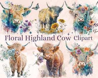 27 PNG Watercolor Floral Highland Cow Clipart, Highland with Flowers Cow PNG Bundle, Highland Cow Sublimation Designs for Commercial Use