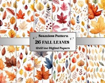 May include: 26 digital papers featuring seamless patterns of watercolor fall leaves in various shades of red, orange, yellow, and brown. The leaves are arranged in a repeating pattern on a white background. The text "Seamless Pattern", "26 Fall Leaves", and "12x12 inc Digital Papers" is included in the image.