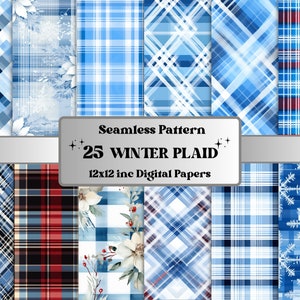 Pacchetto di carta digitale scozzese invernale senza cuciture, motivo ripetuto scozzese di bufalo innevato, sfondo senza cuciture tartan natalizio, scrapbooking