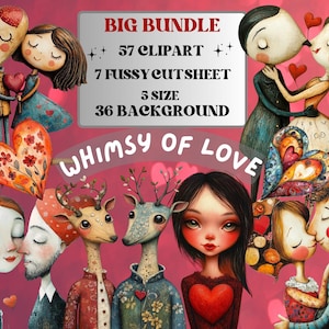 Whimsy Valentines Day Collage Elements Kit, Whimsical Love Fussy Cut, Quirky Weird People Clipart, Romantic Junk Journal, Clipart Background