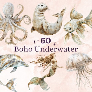 50 PNG Acuarela Boho Submarina Clipart, Clip art de guardería de océano neutro, Animales marinos bohemios png, Sublimación de vida marina, Arrecife de coral bohemio