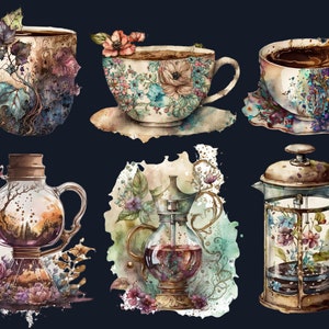 22 PNG Watercolor Coffee Time Clipart, Coffee Clip Art, Coffee Shop Clipart Bundle, Vintage coffee pots, Floral Coffee mugs and cups png set