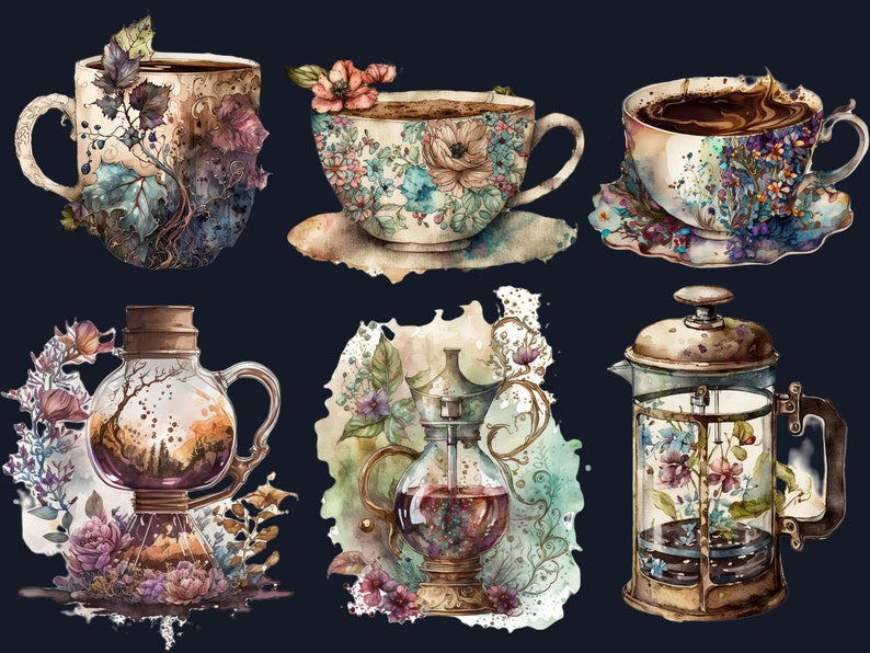 22 PNG Watercolor Coffee Time Clipart, Coffee Clip Art, Coffee Shop Clipart Bundle, Vintage coffee pots, Floral Coffee mugs and cups png set
