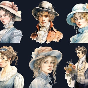 May include: Six watercolor illustrations of people wearing hats and clothing from the Regency era. The illustrations are set against a dark blue background.
