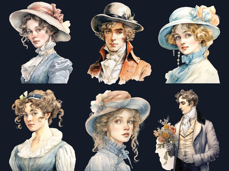 May include: Six watercolor illustrations of people wearing hats and clothing from the Regency era. The illustrations are set against a dark blue background.