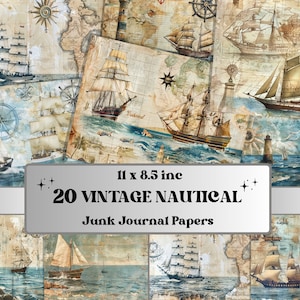Nautical Junk Journal Paper, vintage nautische kortstondige kit, Sea Marine Collage-plakboekpapier, afdrukbare oceaan horizontale digitale pagina's