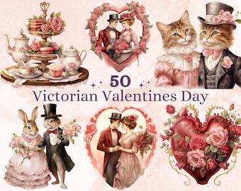 May include: A collection of Victorian Valentine's Day themed illustrations featuring couples, animals, and hearts decorated with pink roses. The text "50 Victorian Valentines Day" is displayed in the center of the image.