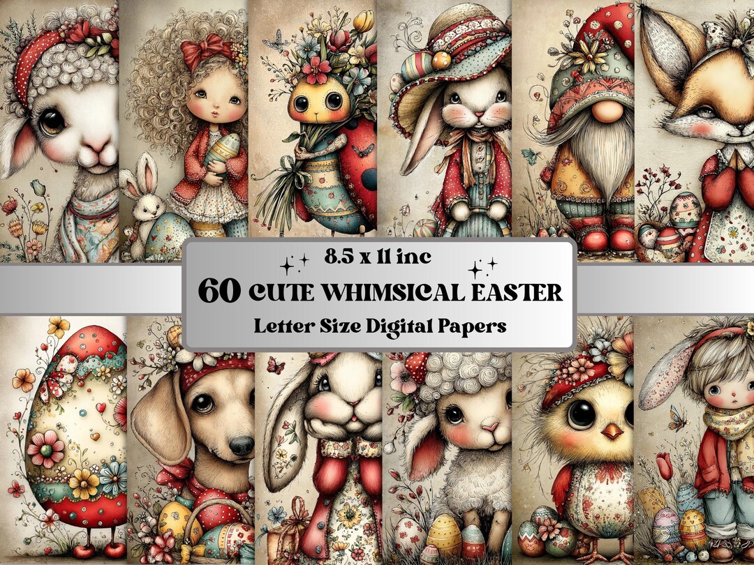 Cute Whimsy Easter Paper Pack Printable Quirky Spring Whimsical Collage ...