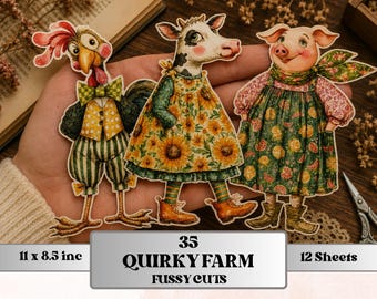 Quirky Farm Fussy Cut Printable, 35 Whimsical Farm Animals Cutouts, Country Ephemera Junk Journal Scrapbook Sheets