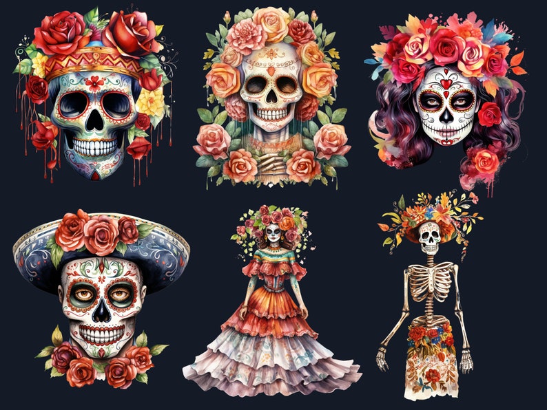100 PNG Watercolor Día de Los Muertos Clipart, Day of the Dead Illustration Clip art, Mexican Halloween png, Sugar La Catrina Sublimation