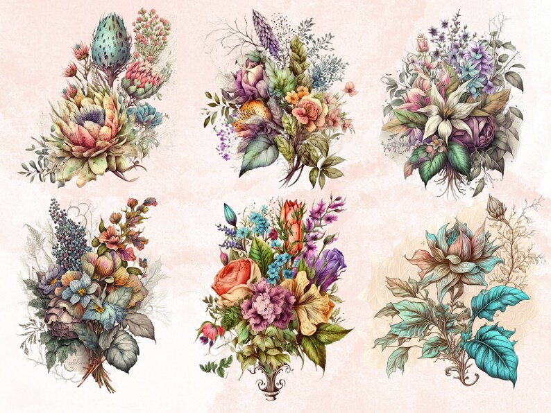 21 PNG Watercolour Vintage Floral Clipart, Vintage Flowers png bundle, Vintage Botanical Illustrations, Vintage Floral png Clip Art pack
