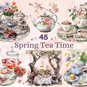 45 PNG Acquerello Spring Tea Time Clipart, Illustrazioni floreali Spring Tea Party Clip art, Tazza da tè vintage png, Sublimazione teiera vintage