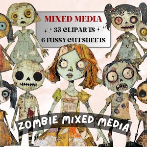Puede incluir: Obra de arte en técnica mixta con una colección de cliparts y hojas recortadas con temática de zombis. Las ilustraciones representan varios personajes zombis con texturas desgastadas, ropa hecha jirones y expresiones inquietantes. Se incluye el texto "Mixed Media" y "Zombie Mixed Media".