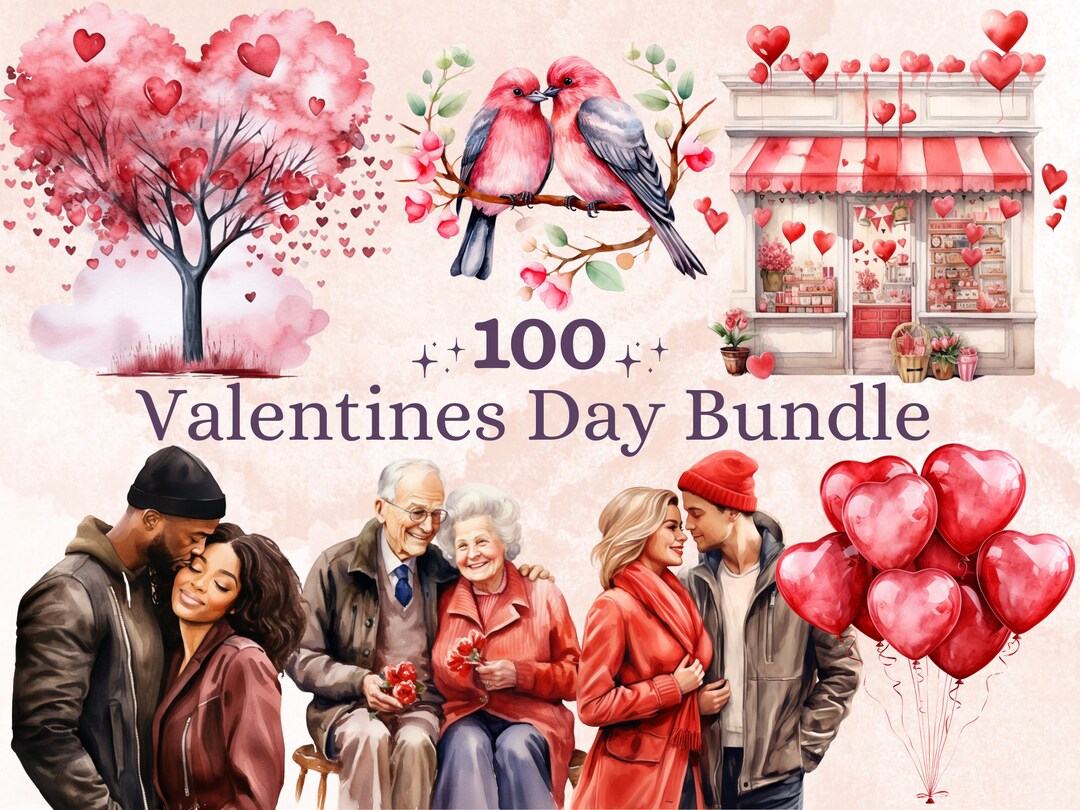 100 PNG Watercolor Valentine's Day Bundle Clipart, Floral Valentines ...