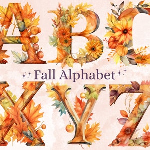 25 PNG aquarelle automne Alphabet Clipart, Floral automne lettres Illustrations Clip art, automne citrouille Alphabet png, typographie de feuilles d’automne