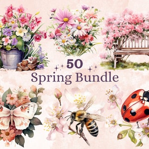 50 PNG aquarelle printemps Bundle Clipart, illustrations florales de printemps Clip art, fleurs sauvages botaniques Png, sublimation animal avec fleurs