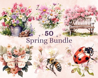 50 PNG Watercolor Spring Bundle Clipart, Floral Spring Illustrations Clip art, Botanical Wildflowers Png, Animal with Flowers Sublimation
