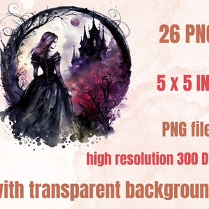 26 PNG Watercolor Gothic Princess Clipart, Princess Clip Art Watercolour Bundle, Gothic Clip art png, Dark Fairytale Fantasy PNG Bundle