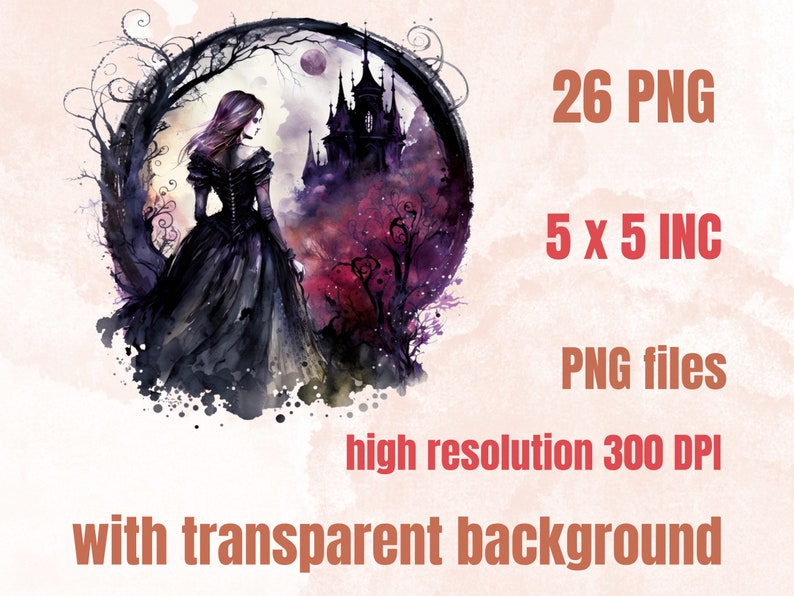 26 PNG Watercolor Gothic Princess Clipart, Princess Clip Art Watercolour Bundle, Gothic Clip art png, Dark Fairytale Fantasy PNG Bundle