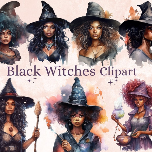 25 PNG Watercolor Black Girl Witches Clipart, Witchcraft Clip art, Afro witch clip art png, magic clip art, African Melanin Black Woman PNG