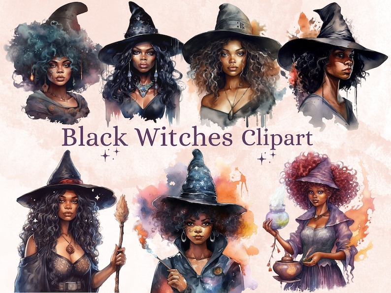 25 PNG akvarell svarta flickor häxor clipart, häxkonst clipart, afro häxa clip art png, magisk clip art, afrikansk melanin svart kvinna PNG bild 1