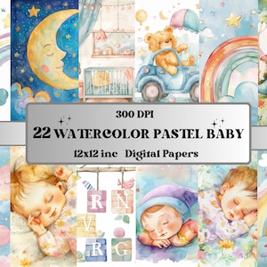 Papel de bebé pastel de acuarela imprimible, Fondo de guardería de bebé pastel, Páginas de baby shower bonitas, Papel de oso de peluche, Escenas de recién nacido en acuarela