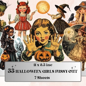 Páginas recortables de Halloween para niñas, páginas recortables vintage para niñas, kit de diario basura espeluznante, álbum de recortes espeluznante, juego de pegatinas de Halloween