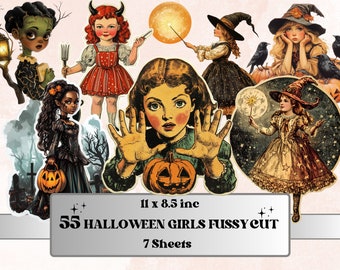 Halloween Girls Fussy Cut Pages, Vintage Girl Fussy Cut Ephemera, Spooky Add On Junk Journal Kit, Creepy Scrapbooking, Halloween Sticker Set
