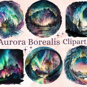 18 PNG Watercolor Aurora Borealis Clipart, Northern Lights Scenes, Aurora Borealis Landscape Clip Art, Fantasy Art, Northern Lights Bundle