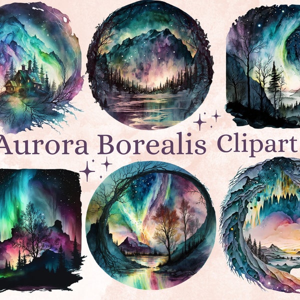 18 PNG Acquerello Aurora Borealis Clipart, Scene dell'aurora boreale, ClipArt del paesaggio dell'aurora boreale, Fantasy Art, Pacchetto dell'aurora boreale