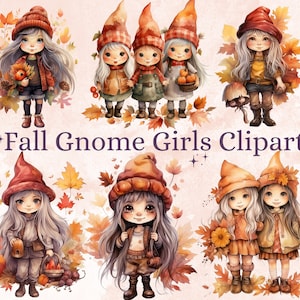 20 PNG acuarela otoño gnomo niñas imágenes prediseñadas, otoño mujer gnomo ilustraciones Clip art, otoño jardinería png, hermanas lindas gnomo sublimación