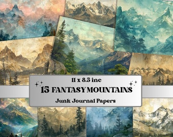 Fantasie Berg Hintergrund Junk Journal Papier, Berg Ephemera Kit, Natur Collage Scrapbook Papier, druckbare horizontale digitale Seiten