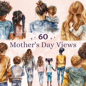 Aquarelle de 60 images PNG pour la fête des mères, illustrations de famille vue de dos, vue de derrière la fête des mères png, sublimation maman et enfant