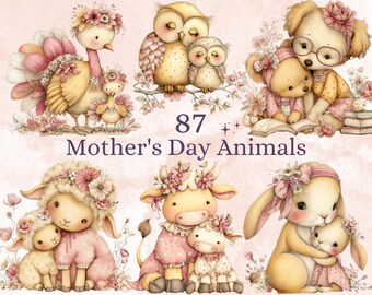 Pastel Mother's Day Animal Clipart | Whimsical Mom Baby PNG Illustrations (Digital Download)