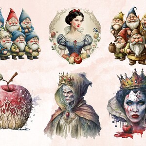 40 PNG Watercolour Snow White Clipart, Snow White Princess Seven Dwarves Png, Fantasy Fairytale Clipart, Evil Queen, Vintage Fairy Tale Set