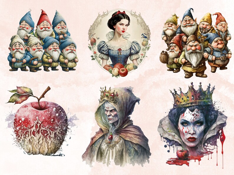 40 PNG Watercolour Snow White Clipart, Snow White Princess Seven Dwarves Png, Fantasy Fairytale Clipart, Evil Queen, Vintage Fairy Tale Set