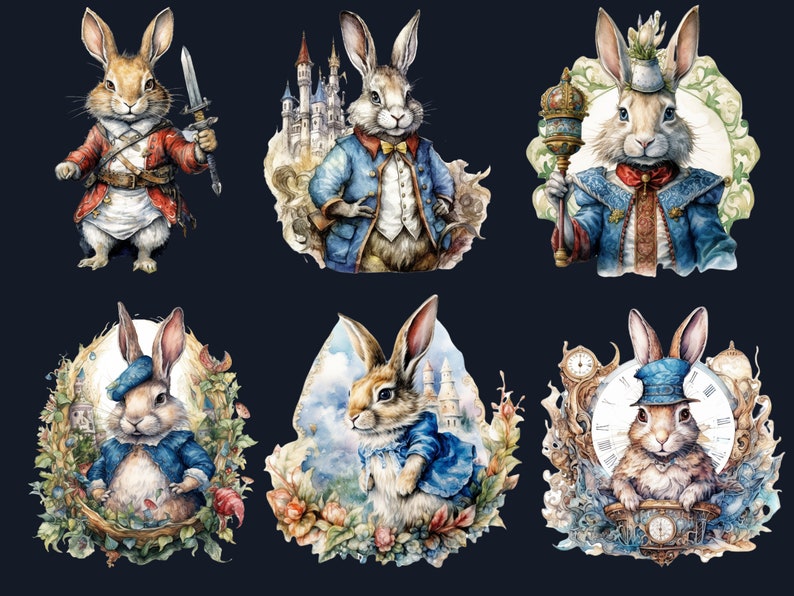 36 PNG Watercolor Fairytale Rabbit Clipart Bundle, Fairy tale Animal Clip Art, Vintage Fairy tale Bunny PNG, Fantasy Bunnies PNG Clip art