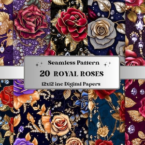 Naadloos Royal Roses digitaal papier, Jeweled Roses naadloos patroon, Glitter Roses Collage Paper Pack, Rose Scrapbooking Junk Journal Kit