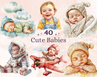 40 PNG acuarela lindos bebés clipart, lindo baby shower fiesta ilustración clip art, dulce bebé recién nacido png, sublimación de bebés durmientes
