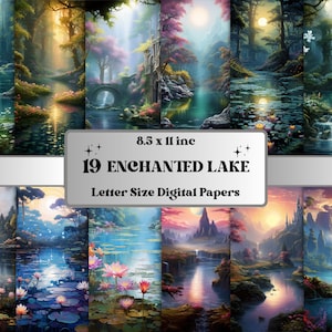 Printable Enchanted Lake Digital Paper, Forest Lake Background, Landscape Backdrop, Download Junk Journal, Scrapbooking, Lake Life Scenes
