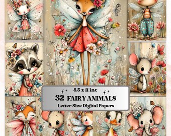 Fairy Animals Digital Paper Pack | Quirky Enchanted Wildlife Journal Scrapbook (32 Sheets, Instant Download)