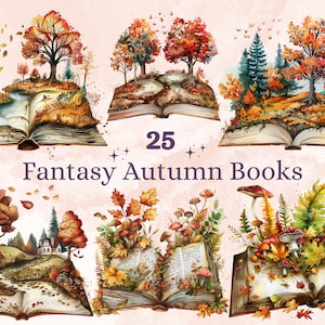 25 PNG Aquarela Fantasia Outono Livros Clipart, Livro Aberto Clip Art, Livro Jardim Floral PNG, Outono Abóbora Floresta clip art, Livros Mágicos de Bruxa