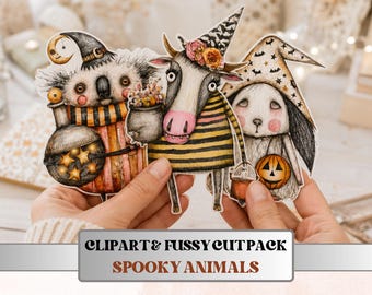Spooky Animals Fussy Cuts & Clipart, Printable Halloween Animal Cut Outs, Quirky Gothic Ephemera, Junk Journal Scrapbook Kit
