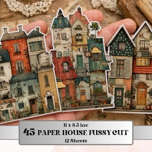 Könnte beinhalten: Eine Sammlung von Papierhaus-Aufklebern in verschiedenen Farben, darunter Rot, Blau und Gelb. Die Aufkleber haben die Form detaillierter Häuser mit architektonischen Merkmalen. Der Text auf dem Bild lautet "45 PAPER HOUSE FUSSY CUT" und "12 Sheets".