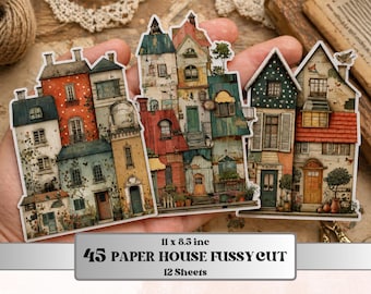 Whimsical Paper Houses Fussy Cut Bundle, 45 Cozy House Cutouts, Cottagecore Ephemera Junk Journal Scrapbook Sheets