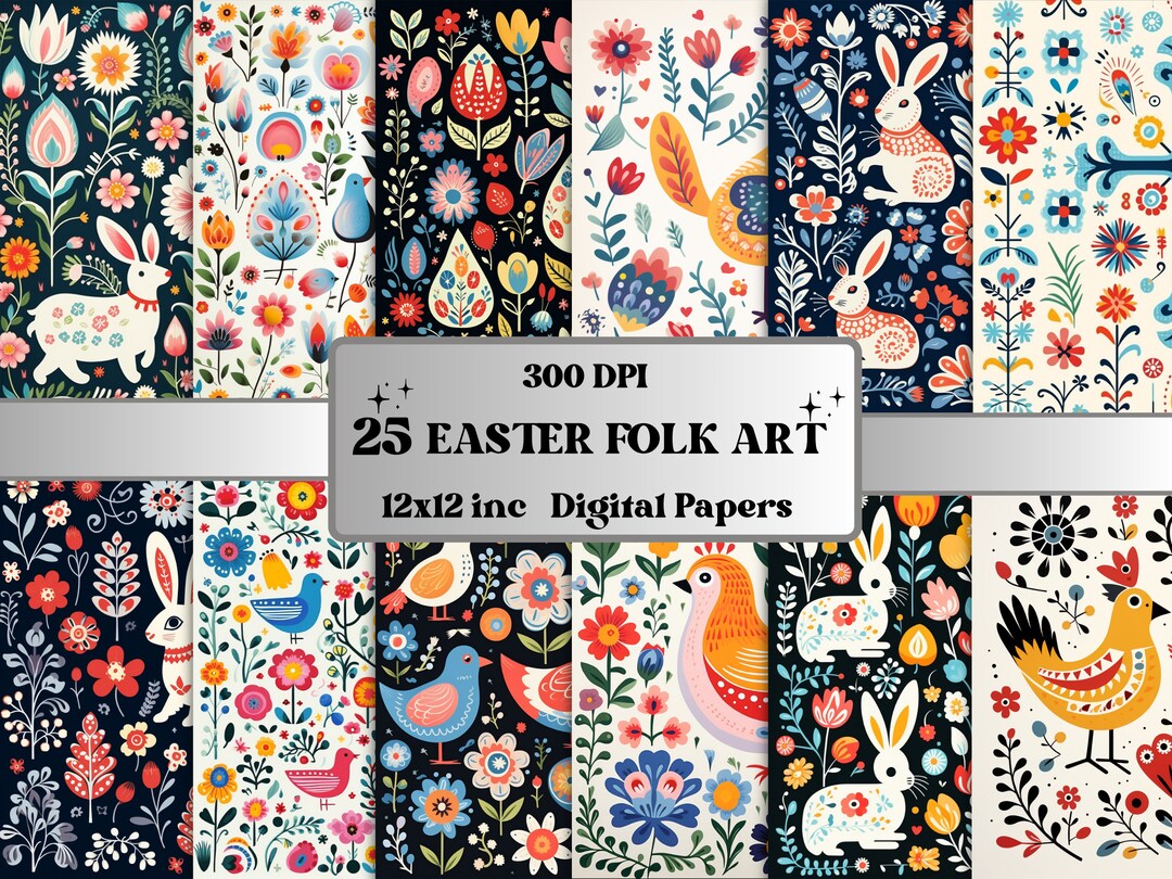 Printable Easter Folk Art Digital Paper, Ephemera Collage, Easter Bunny ...