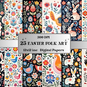 Papier numérique imprimable d'art folklorique de Pâques, collage éphémère, pages de lapin de Pâques, carnet scandinave de cochonneries de Pâques, scrapbooking, fabrication de cartes